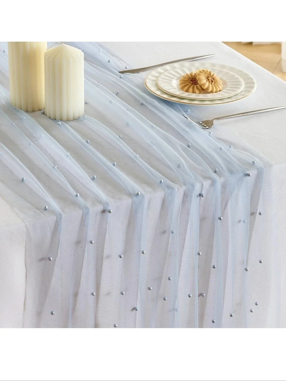 Fanami 3 Pack Pearl Table Runner -10FT Dusty Blue Boho Tulle Table Runners 120in